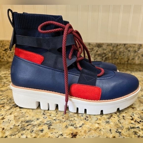 FITFLOP GLACE KNIT LEATHER MIDNIGHT NAVY RED LACE UP ANKLE BOOTS WOMEN'S 9 - Picture 2 of 8